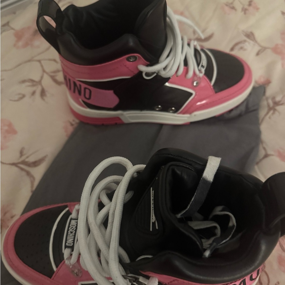 Moschino Kids Black and Pink High-Top Sneakers, brand new shoes never worn.